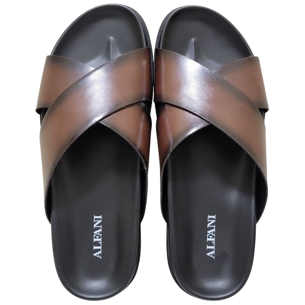 Alfani Men Whitter Cross Strap Slide Sandals Size US 11.5M Brown Faux Leather - Picture 3 of 5